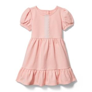 JANIE And JACK Size 4 Crochet Trim Dress Ruffle Puff Sleeve Pink Cotton Stretch